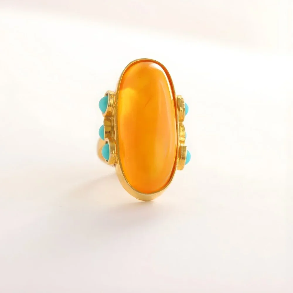 Baltic Amber and Turquoise Gold Ring- 14k Gold Plated Sterling Silver - Picture 3 of 9